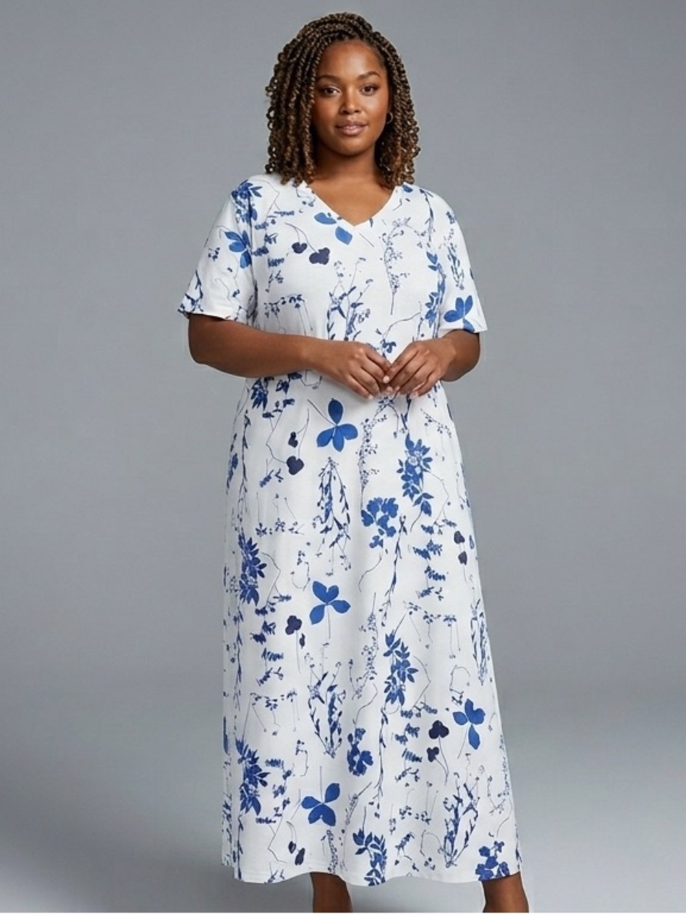 Plus Size 4XL Blue White Floral Maxi Dress V Neck Short Sleeve Soft Jersey